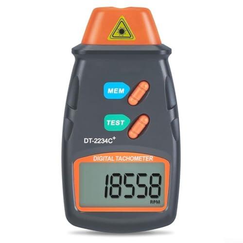 Tacómetro óptico DT-2234C+ para medición rápida de RPM con tiempo de muestreo de 0,8 segundos por encima de 60 RPM y memoria de datos de 20 juegos (botón amarillo)
