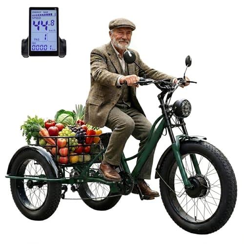 WuXQuuzlh Triciclo Eléctrico para Adultos 24 Pulgadas, Equipado con Un NeumáTico Trasero De Nieve De 20 Pulgadas, Pantalla LCD Digital, Cesta De Almacenamiento Trasera para Ideal para Uso Familiar C