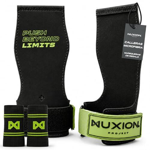 NUXION | Calleras para Crossfit de Microfibra | con y sin Magnesio | Agarre en Barras, Anillas y Kettlebells | Set con Muñequeras de Regalo | Tallas G y G+ (Verde, G+)