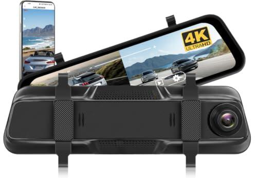 CAMECHO 9.66" Mirror Dash CAM Cámara Frontal de Coche Pantalla Tácti Retrovisor, 4K Delantera y Trasera 1080P Streaming Media con Doble Súper Visión Nocturna Gran Angular de 150°/120°