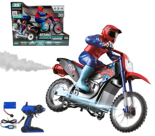 Moto teledirigida gigante para niños, moto con piloto teledirigido MotoCross con efecto humo, tubo de escape maxi escala 1:10 con luces, Battery Pack Sprint Super Veloce Motocicleta Acrobática