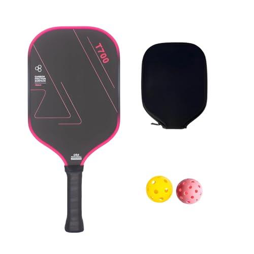 Pink T700 - Juego deportivo de remo de fibra de carbono, 2 bolas y funda, núcleo de polímero de 16 mm, cara giratoria texturizada, peso ligero de 0.45 libras, paleta de 16.4 x 7.4 pulgadas con mango