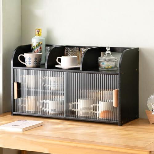 Aparador de cocina de bambú, armario de almacenamiento ajustable con 2 puertas de cristal, despensa de encimera para tazas de platos, armario de despensa de alimentos, armario pequeño