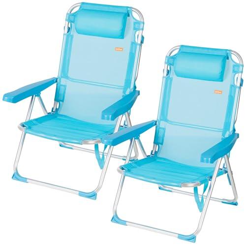 AKTIVE Pack 2 Sillas de Playa Altas, Sillas multiposición 48x60x90 cm, Sillas reclinables, 5 Posiciones, Textileno con cojín, hasta 110 kg, Sillas Plegables, Azul (85531)