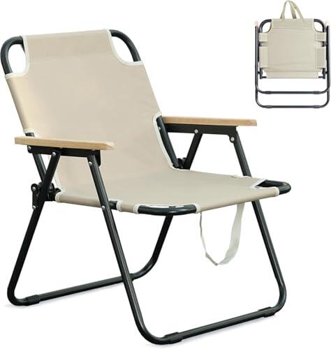 SANEIOUI Silla de camping plegable pequeña, 150 kg, silla de playa ligera con reposabrazos de madera, respaldo alto, silla plegable, resistente estructura de metal, cómoda para playa, jardín, camping