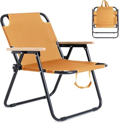 SANEIOUI Silla de camping plegable pequeña, 150 kg, silla de playa ligera con reposabrazos de madera, respaldo alto, silla plegable, resistente estructura de metal, cómoda para playa, jardín, camping