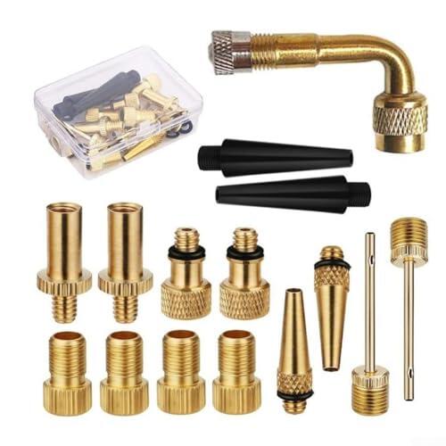 Caswynlife Juego de 15 adaptadores de bomba de bicicleta con caja de almacenamiento, conectores de válvula de cobre para Presta Dv, Av, Sv y aguja de bola, kit para neumáticos de bicicleta