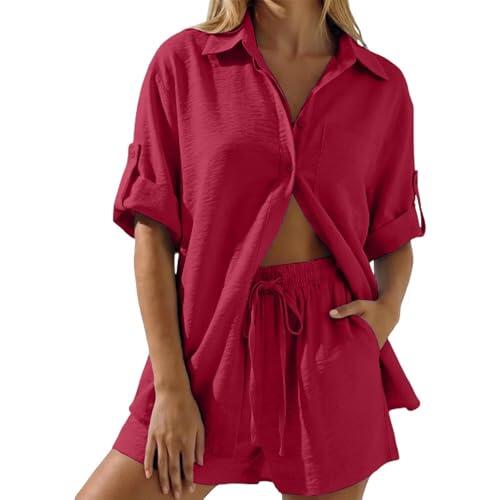 Ropa de descanso de dos piezas para mujer, camisa abotonada y pantalones cortos de ajuste holgado, conjunto cómodo a juego para estancias de playa y momentos de vacaciones de verano, rosso, XXL
