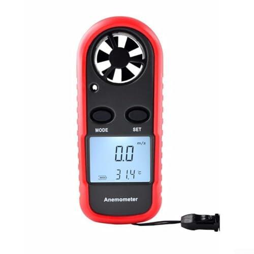Zeroupshop Anemómetro digital de mano y medidor de volumen de aire, con medición de alta precisión, sensor, diseño compacto portátil, para uso doméstico, vela, surf, pesca, rojo y negro