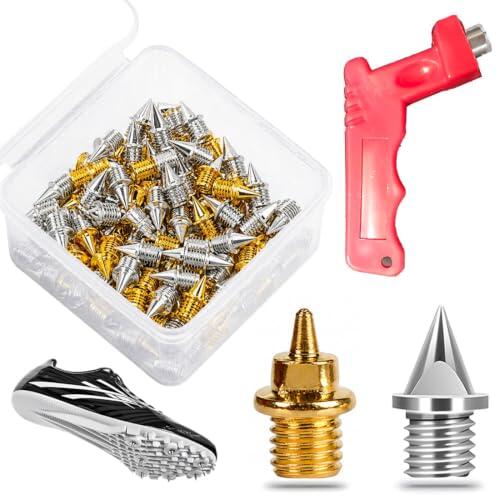 QOWUXHZ 32 Clavos para Atletismo con Llave: 16 Puntas de Acero Plateadas y 16 Cortas Doradas + Extractor Rojo y Caja Transparente, para Carreras de 100-400m en Pistas de Plástico