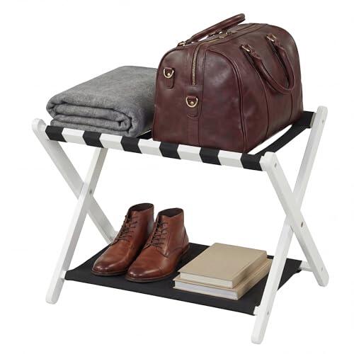 GYMAX Portaequipajes Plegable, Soporte para Maletas de Madera de Caucho Maciza con 2 Niveles de Almacenamiento, Estantes de Nailon, para Habitación de Invitados, Dormitorio, 67 x 46 x 52 cm (Blanco)