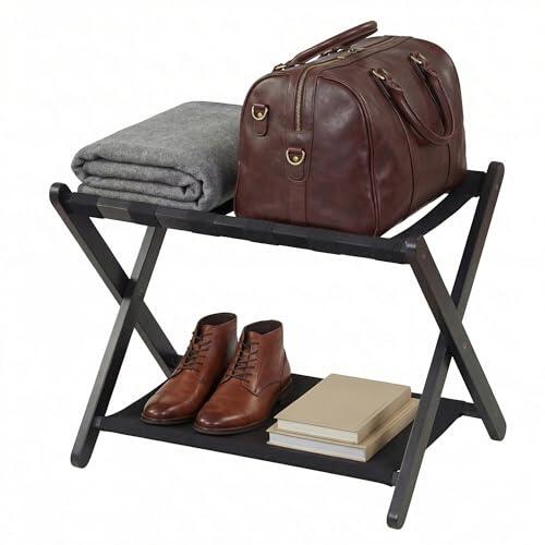 GYMAX Portaequipajes Plegable, Soporte para Maletas de Madera de Caucho Maciza con 2 Niveles de Almacenamiento, Estantes de Nailon, para Habitación de Invitados, Dormitorio, 67 x 46 x 52 cm (Negro)