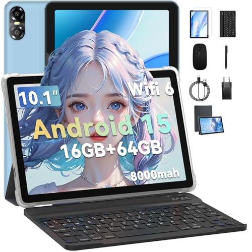 PRITOM Tableta de 10 pulgadas con teclado y bolígrafo, 16 GB, 64 GB ROM, Android 15, 1024 GB ampliable, Quad Core, WiFi 6, 6000 mAh, Tablet PC con teclado, ratón