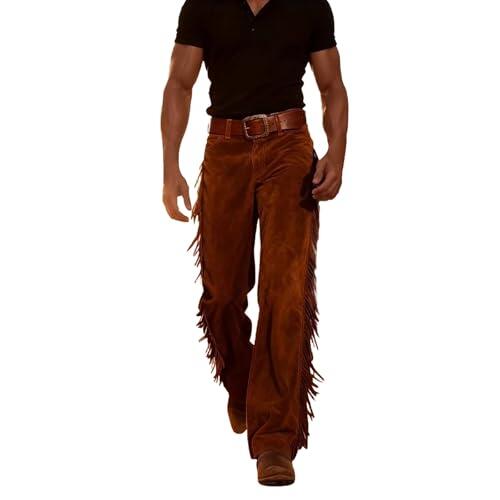 Modeewel Pantalones de estilo occidental para hombre con flecos, pantalones de vaquero, pantalones de carnaval y country, fiestas, disfraz occidental, aspecto de ante, pantalones de motorista, ropa de