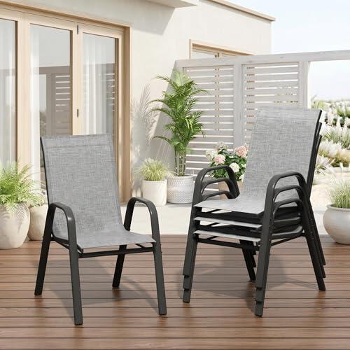 Litake Set 4 Sillas Apilables de Jardín Exterior, Sillas de Metal y Textileno con Respaldo Alto y Reposabrazos, Preensambladas, Estructura Anticorrosión, para Terraza Patio Balcón, Gris