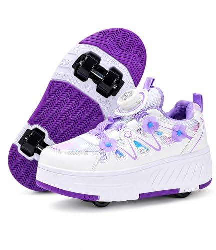 Fansu Zapatos con Ruedas para Niñas y Mujeres, Morado Zapatillas de Patinaje 4 Ruedas Extraíbles 2 en 1, Calzado Deportivo con Cierre Giratorio y Malla Transpirable