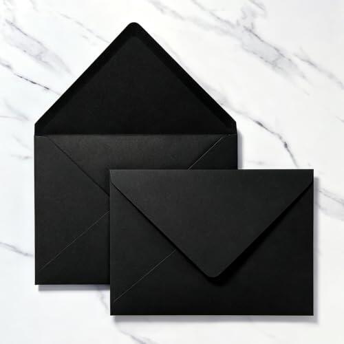 JiMein Paquete de 50 sobres de 4 x 6, sobres negros A4 con calcomanías | Sobres de 4 x 6 para invitaciones, tarjetas de felicitación de boda, fotos, postales, baby shower