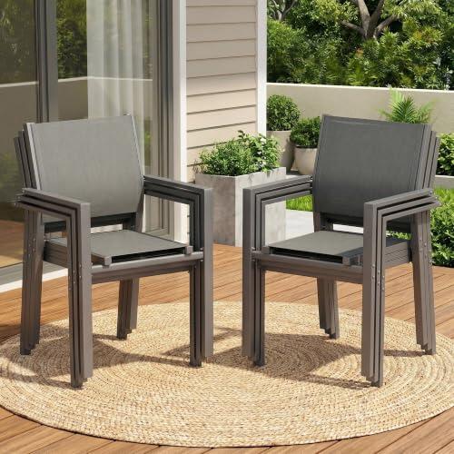 LIFERUN Juego de 6 sillas de jardín apilables Teslin y Estructura de Metal, sillas de balcón, sillas de Comedor para Exteriores, para terraza, jardín, Piscina, hasta 120 kg, Gris, 6 pcs