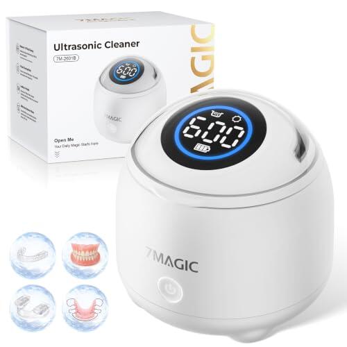 7MAGIC Limpiador ultrasonidos sin cable para férula, 48 kHz, Blanco | USB-C, hasta 14 ciclos, limpiador ultrasónico para férulas, alineadores y prótesis, en casa, oficina y viaje