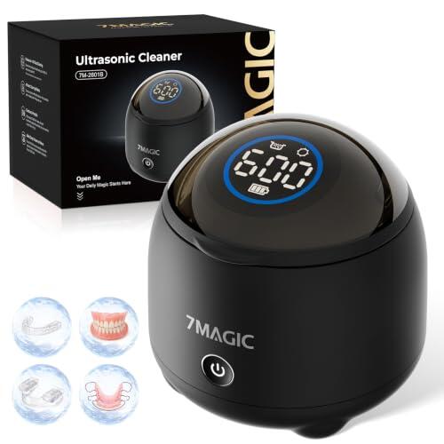 7MAGIC Limpiador ultrasonidos sin cable para férula, 48 kHz, Negro | USB-C, hasta 14 ciclos, limpiador ultrasónico para férulas, alineadores y prótesis, en casa, oficina y viaje
