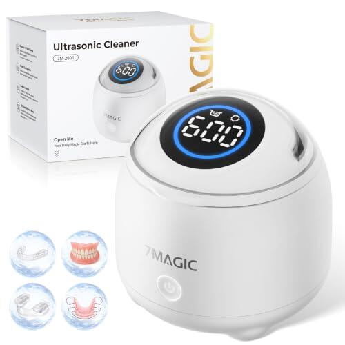 7MAGIC Limpiador ultrasonidos para férula dental, 48 kHz, UV-C, Blanco | Limpiador ultrasónico dental, cuba de acero 304, 4 modos, 100–240 V y 6 pastillas para férulas y prótesis