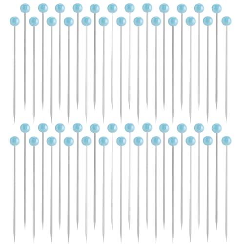 250 alfileres de costura rectos de 43 mm, no se doblan fácilmente, alfileres de costura de acero inoxidable azul con cabezales de bola de vidrio, ramillete de satén fino para modista, manualidades