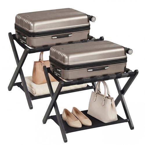 COSTWAY Portaequipajes Plegable de 2 Niveles, Soporte de Zapatos de Madera de Caucho con Estantes de Nailon y Estructura en X, Reposa Maletas para Dormitorio Hotel, 2 Unidades (Negro)