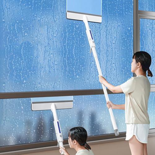 Moliuoly Limpiador de ventanas profesional de doble cara con función de pulverización y barra telescópica, almohadilla de microfibra para limpiar cristales, espejos y puertas de ducha, extensible