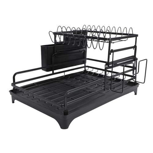 Bewinner Escurridor de Platos Negro de 2 Niveles, Escurridor de Platos de Acero Al Carbono para Encimera de Cocina, Escurreplatos Minimalista Que Ahorra Espacio con Bandeja de Drenaje, Escurreplatos