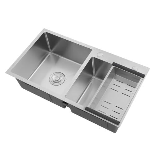 Fregadero doble de acero inoxidable, empotrable, 78 x 43 x 21 cm, con 2 lavabos y escurridor para cocina, garaje, lavandería, color plateado