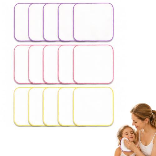 Guantes de lavado para bebé en algodón orgánico, reutilizables, set de 15 piezas en tamaño compacto de 16x16 cm con bordes de colores, suaves para piel sensible, lavables hasta 60 °C