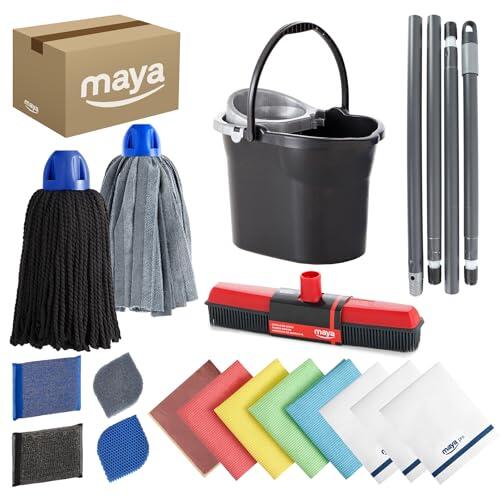 Maya - Kit de Limpieza del Hogar 11 en 1 | Escoba de Goma, Cubo con Escurridor 10L, Palos Desmontables con 4 Secciones, Fregonas MAX Pro, Estropajos de Cocina y Bayetas de Microfibra y CHEFPRO