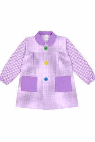 ESCOLAIN Bata Escolar (Fabricada en España) Babi Mandilon unisex cuadros vichy niño o niña uso Guardería Colegio Escuela infantil Botón grande y 2 bolsillos (Lila, 4)