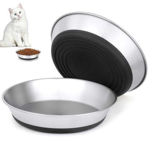 Alaoo 2 Piezas Cuencos Planos para Gatos de Acero Inoxidable, profundizar Comedero Plano para Gato con Base Antideslizante,Platos Anchos Aptos para Gatos para Perros Pequeños,Gatos (Plata)