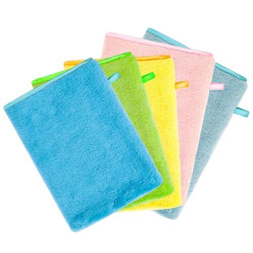 MYLERCT 5 Piezas Manoplas Baño, Toallas Pequeñas, 15 X 20 cm, 5 Colores | Guantes de Limpieza Facial, Franela Agradable para la Piel, Suave y no Irritante, con Lazo para Colgar, para Cara y Baño