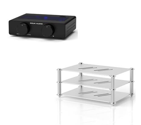Conjunto de Amplificador Douk Audio A5 y Rack Hi-Fi de Aluminio: Amplificador de Potencia estéreo Clase D con Chip TPA3255 y Filtro de Paso Alto Ajustable en Altura + Rack de Audio Modular