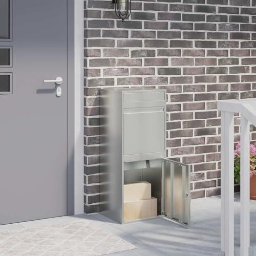 Runheo Caja con puerta plateada de acero galvanizado, 47,5 x 38 x 59 cm, se puede cerrar con cerradura y llave, resistente a la intemperie para entrada de casa y jardín, moderno buzón de pie para