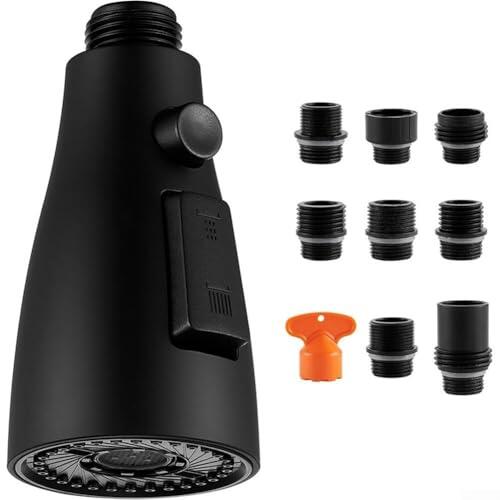 Grifo de fregadero de cocina, cabezal de pulverización hecho de acero inoxidable 304 con 9 accesorios, opciones de flujo dual para grifos extraíbles estilo cepillado (negro)