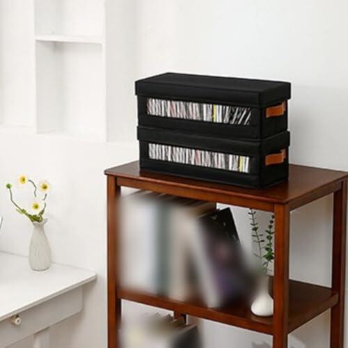 WheatThrive Caja de almacenamiento, soporte para DVD, caja de medios apilable, parte delantera transparente, asas, capacidad para 37 discos, tela Oxford, color negro