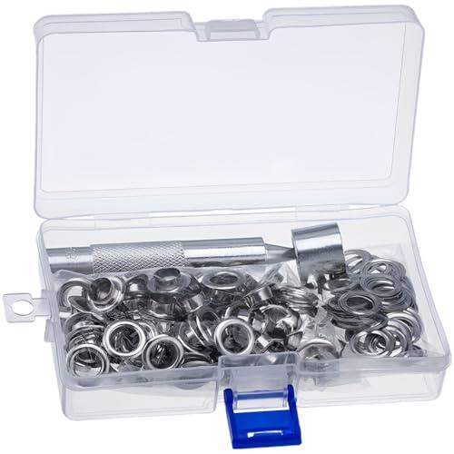 Juego de 100 herramientas de ojales, kit de ojales plateados con herramienta de perforación, para lonas, lienzo, cuero, tela, embalaje en caja