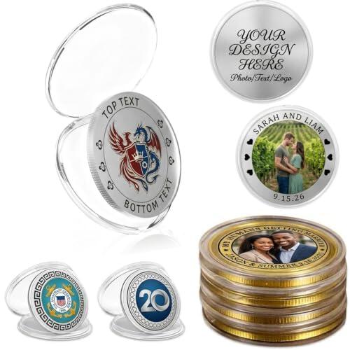 Monedas Personalizadas con Logotipo, Texto o Foto, Monedas Conmemorativas Personalizadas con Estuche Acrílico, Regalos Personalizados en Forma de Moneda para Aniversarios, Bodas, Parejas (Plata)