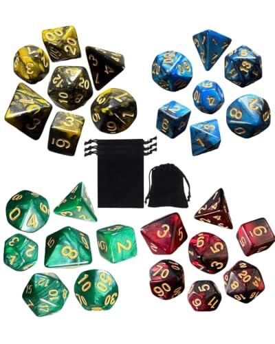 XALFST Dados de rol Poliédricos, 4 Juegos (28 Piezas) Oro Azul Rojo Verde, con 4 Fundas Negras, Diseño Equilibrado para Rondas Exactas en D&D y Juegos de Mesa Cooperativos