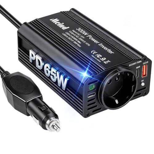 300W Convertidor 12V 220V, Inversor 12V a 220V con Toma EU, USB-C 65W PD, USB-A 18W QC3.0, Adaptador Mechero Coche a Enchufe, Transformador para Coche, Camión, Autocaravana y Camping