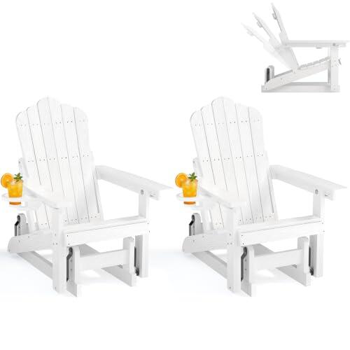 BIXUYOU Silla Adirondack con Respaldo Ajustable, Mecedora de Patio con Efecto Madera y portavasos, Ideal para Exteriores, con Mecanismo de balanceo Suave y Capacidad de Peso de 200 kg.