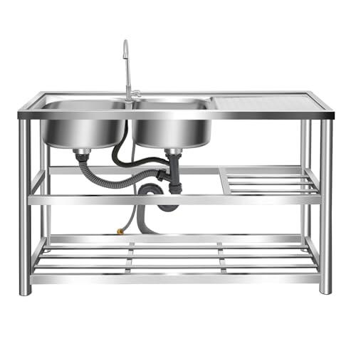 Fregadero de cocina doble de acero inoxidable – Fregadero de cocina independiente con grifo giratorio de 360° y desagüe, 120 × 45 × 80 cm, 2 cuencas, 3 estantes, para cocinas comerciales, restaurantes