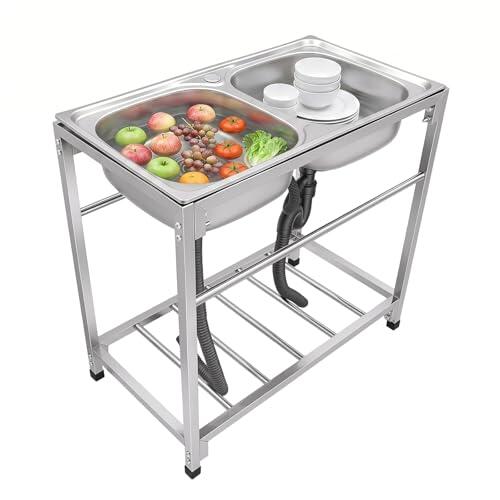 Yikmid Fregadero de cocina de acero inoxidable, doble lavabo, 83 x 44 x 77 cm, independiente para exteriores con armario bajo, fregadero comercial independiente con unidad de drenaje, juego completo