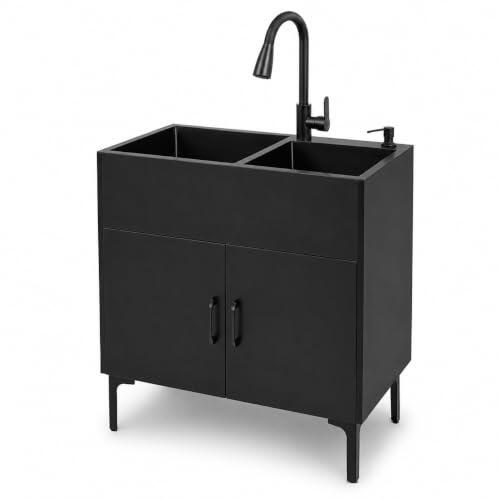 Fregadero de cocina independiente con armario inferior, fregadero doble de acero inoxidable con grifo extraíble, dispensador de jabón, escurridor y juego de drenaje, fregadero comercial para cocina