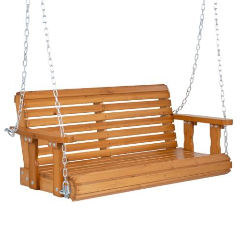 COSTWAY Banco Columpio para 2-3 Personas, Banco de Madera Colgante | con Asiento y Respaldo de Listones, Reposabrazos, Cadena Ajustable, Balancín Columpio para Jardín, Patio, Terraza