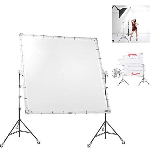 BOLLUMA Juego de difusor de mariposa de 2,4 x 2,4 m con 2 soportes de luz con ruedas resistentes de 4 m, difusor de iluminación plegable de seda para artículos grandes, sesión de fotos de video