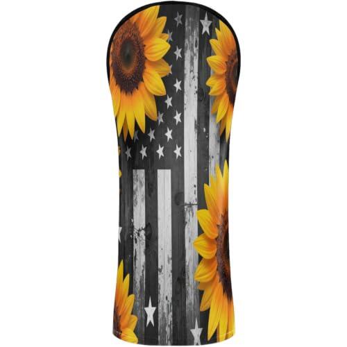 Juego de fundas para cabeza de golf de piel sintética con etiqueta de número para maderas y conductores, bandera híbrida de Estados Unidos con girasoles